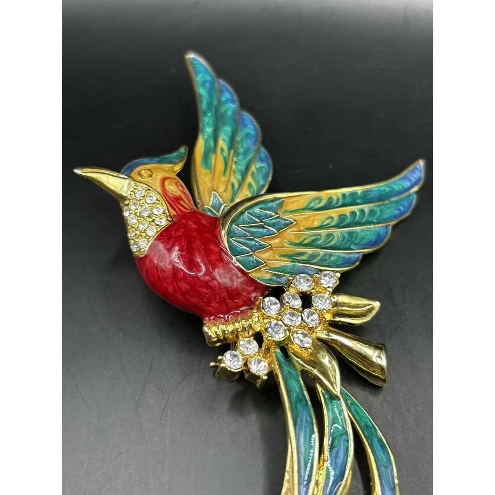 Vintage XLarge Enamel Exotic Bird Brooch Rhinestone Tropical Parrot Pin